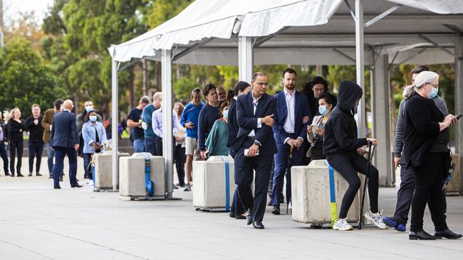 Members of the public arrive at a Covid-19 mass vaccination centre at the Melbourne Exhibition Building. Picture: Aaron Francis/The Australian