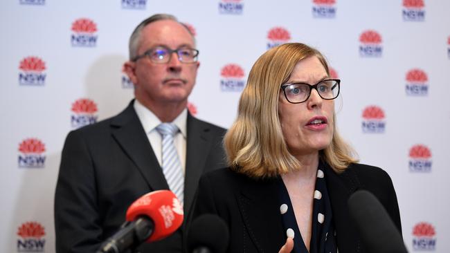 Health Minister Brad Hazzard, left, and NSW Chief Health Officer Dr Kerry Chant during an announcement regarding 2020 influenza vaccine. Picture: AAP