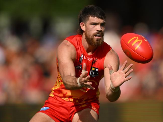 GOLD COAST, AUSTRALIA – APRIL 28: Sam Collins of the Suns competes for the ball during the round seven AFL match between Gold Coast Suns and West Coast Eagles at People First Stadium, on April 28, 2024, in Gold Coast, Australia. (Photo by Matt Roberts/AFL Photos/via Getty Images )