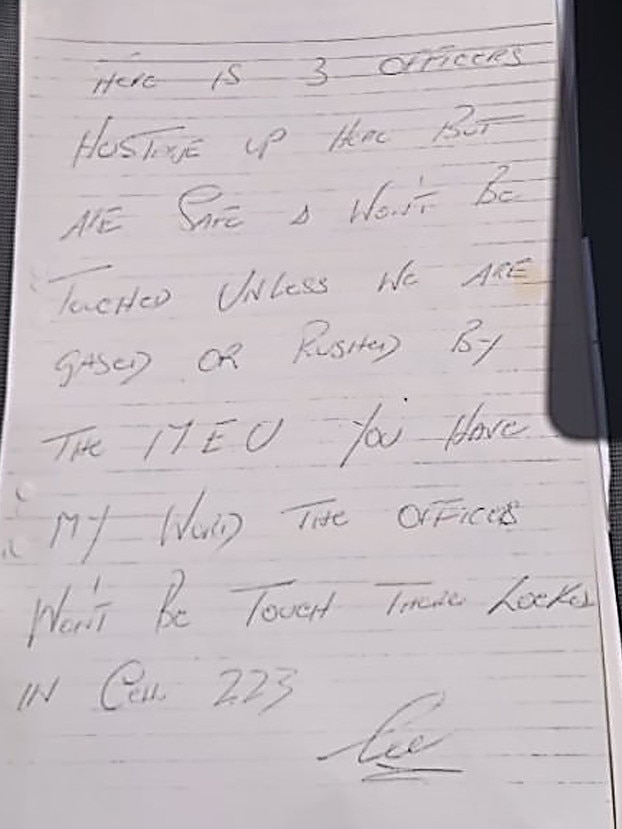 The note written by Lee Owen Henderson during the 1986 Long Bay riot