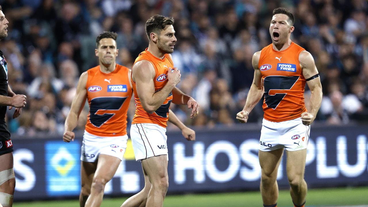 Giants Stephen Coniglio cross himself after kicking a goal during the AFL Semi Final match between Port Adelaide and the GWS Giants at Adelaide Oval on September 16, 2023. Photo by Phil Hillyard (Image Supplied for Editorial Use only - **NO ON SALES** - Â©Phil Hillyard )