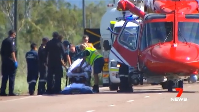 The Queensland Government Air rescue helicopter at the crash on the Flinders Highway near Woodstock. Photo: 7 News