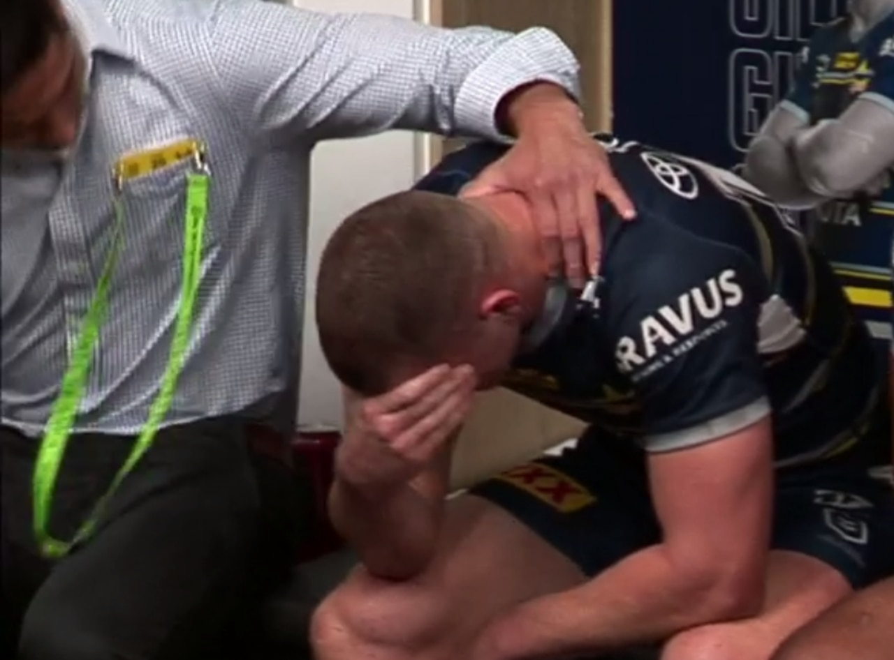 Cowboys players were emotional after their fifth straight loss. Picture: Fox League.