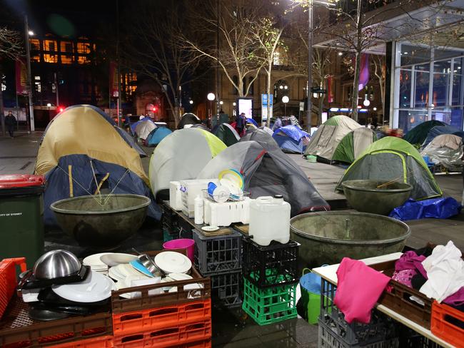 Camp chaos ... Martin Place tent city last night. Picture: Christian Gilles