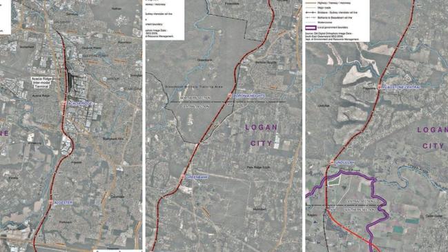 Maps from a study on the Salisbury to Beaudesert passenger line, showing the proposed line in red.