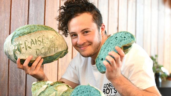 George Wassif from Georgie Boy’s Bread will be baking limited edition blue sourdough loaves and blueberry scrolls to sell at Sunday's Farm Gate Market in Hobart to support the Reach Out mental health charity. Picture: FIONA HARDING