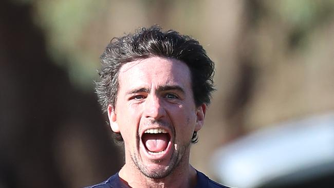Heathcote District FNL, Round 3, Mount Pleasant V Leitchville Gunbower, at Toolleen, Adam Baird, 2,  Mt Pleasant Mighty Mount, celebrates his goal,    Picture Yuri Kouzmin