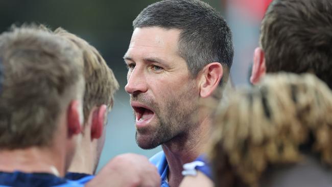 Sturt coach Martin Mattner addresses his charges during the preliminary final win against Adelaide at Adelaide Oval. Picture: David Mariuz/SANFL