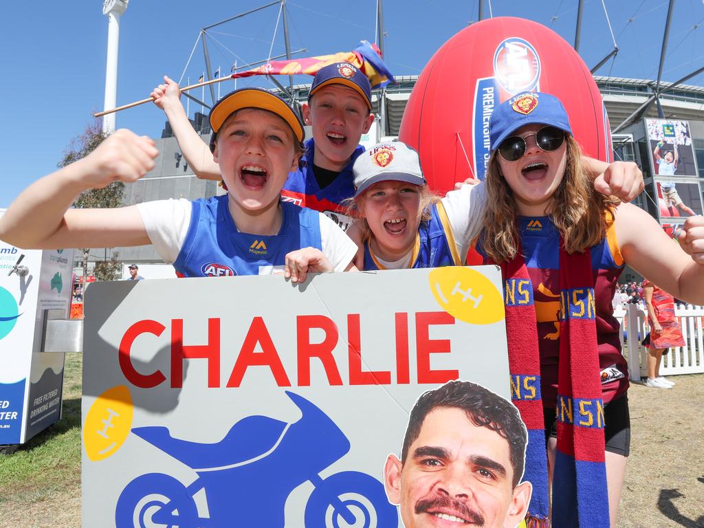 Brisbane Lions fans Hannah, 12, Lachie, 15, Grace, 11 and Olivia, 13, at the MCG. Picture by Jason Edwards