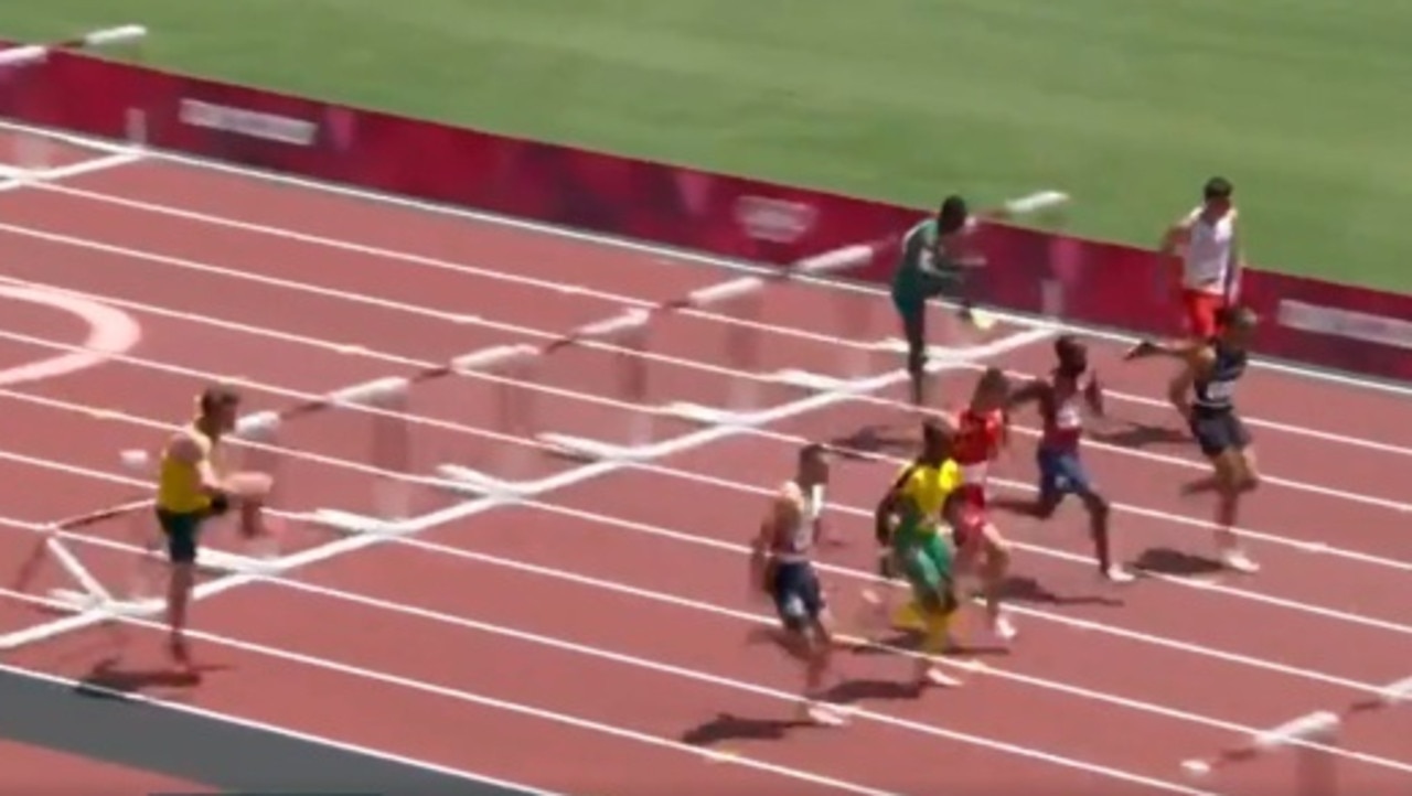 Nicholas Hough was lengths behind his competitors in the 110m men’s hurdle semi-final on Wednesday. Picture: 7 Plus