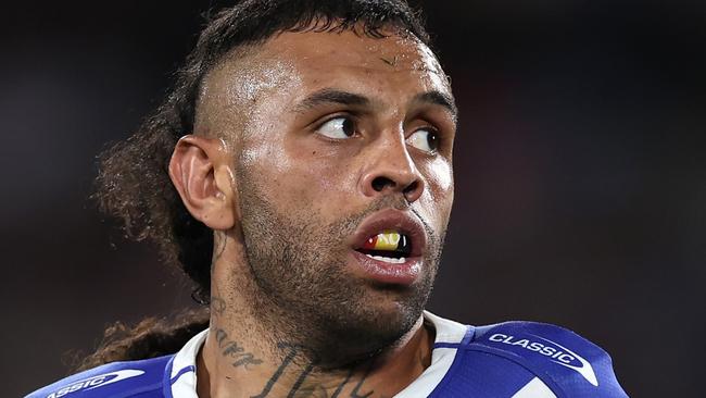 SYDNEY, AUSTRALIA - AUGUST 30:  Josh Addo-Carr of the Bulldogs looks on during the round 26 NRL match between Canterbury Bulldogs and Manly Sea Eagles at Accor Stadium on August 30, 2024, in Sydney, Australia. (Photo by Cameron Spencer/Getty Images)