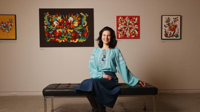 Solo exhibition 'The Dance of Colours' at Moonah Arts Centre by Ukrainian artist Anna Mykhalchuk who now lives in Hobart since the war began in Ukraine. Picture: Nikki Davis-Jones