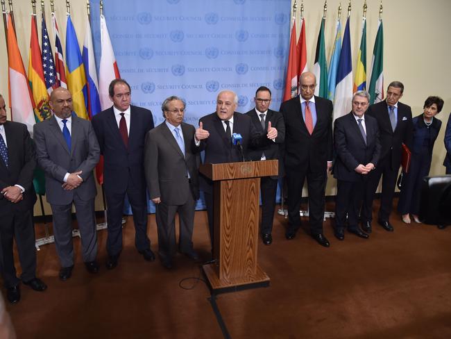 Permanent Observer Mission of the State of Palestine, Riyad H. Mansour speaks during a meeting of the UN Security Council. Picture: AFP/Hector Retamal