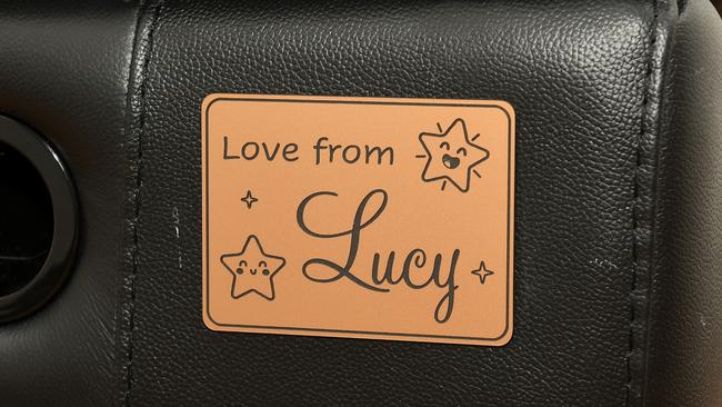 A plaque affixed to each donated recliner reads 'love from Lucy'.