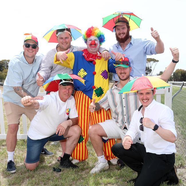 Mitch Pierce, dressed in clown suit, had his bucks party at the Mt Wycheproof Cup races with Nick Pierce, Nick Heather, Colin Moore, Sam Day, Kyle Gelllatty, Thomas Moore.