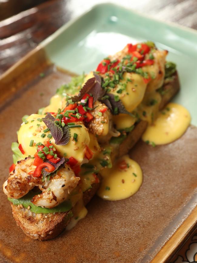 Rustic Pearl’s Bosphorus benedict with bay lobster. Picture: Richard Dobson