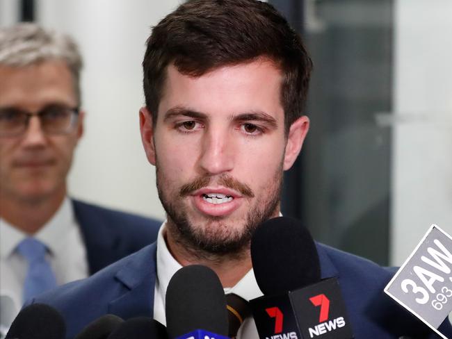 MELBOURNE, AUSTRALIA - JUNE 18: Ben Stratton of the Hawks speaks to media after his AFL Tribunal appearance at AFL House on June 18, 2019 in Melbourne, Australia. (Photo by Michael Willson/AFL Photos via Getty Images)