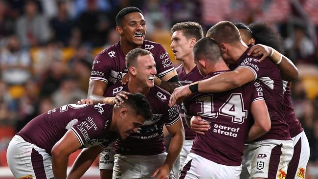 Josh Schuster of the Sea Eagles celebrates a try (Photo by Bradley Kanaris/Getty Images)