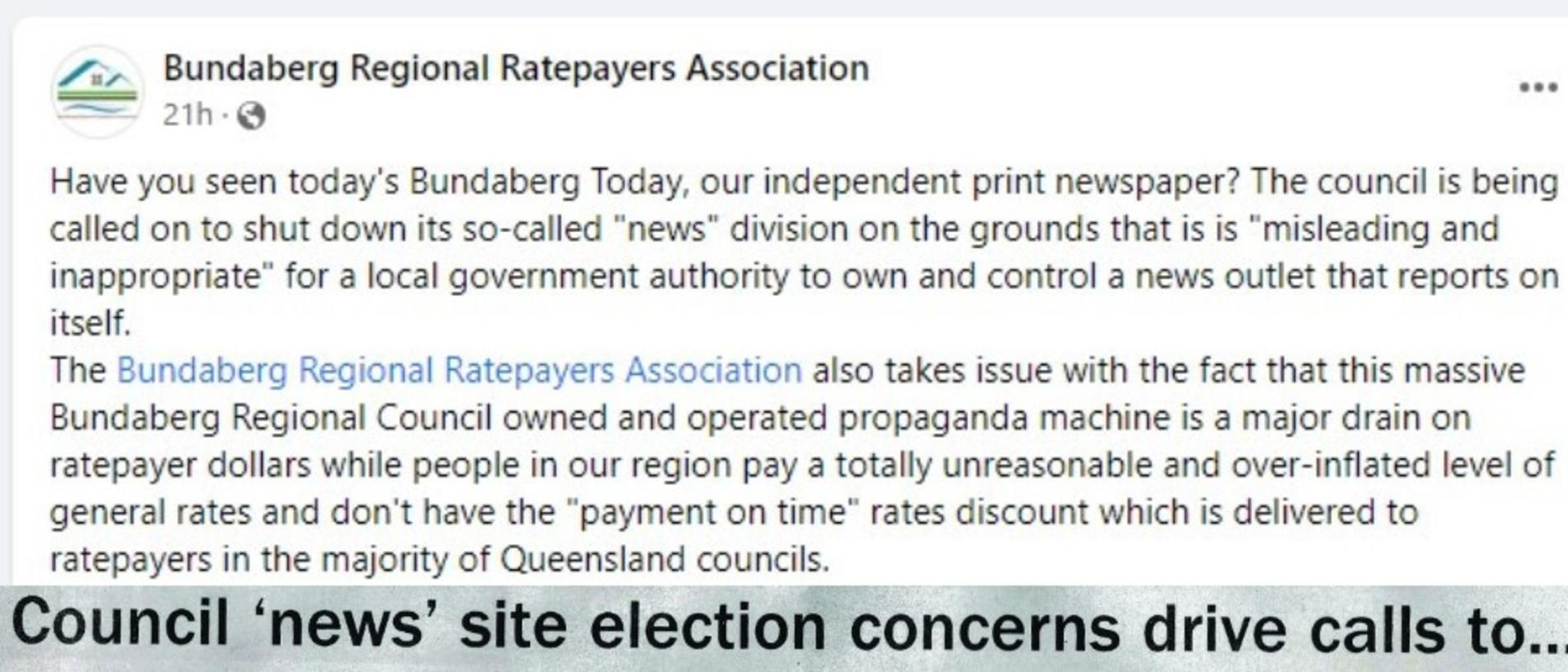 Bundaberg Regional Ratepayers Association has called Bundaberg Now a 