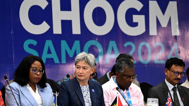 Foreign Minister Penny Wong (second from left) at the Pre-CHOGM Foreign Ministers Meeting (CFAMM) in Apia, Samoa, on Thursday. Picture: William West/Pool/AFP