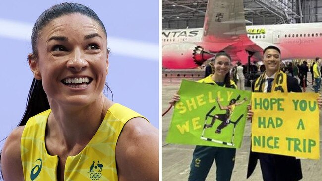 Michelle Jenneke’s friends have taken a cheeky dig at the  athlete’s tumble during the 100m hurdles heat, as the Aussie team returned home from Paris.