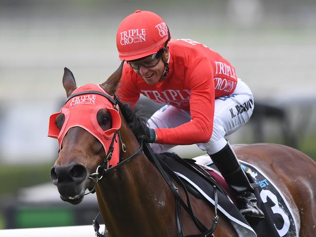 Kerrin McEvoy wins The Everest on Redzel. Picture: AAP Image/David Moir