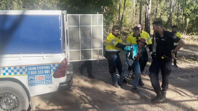 A Binybara Camp protester was arrested and charged with trespassing at the Lee Point development site as land clearing begins on Tuesday, April 30. Picture: Zizi Averill