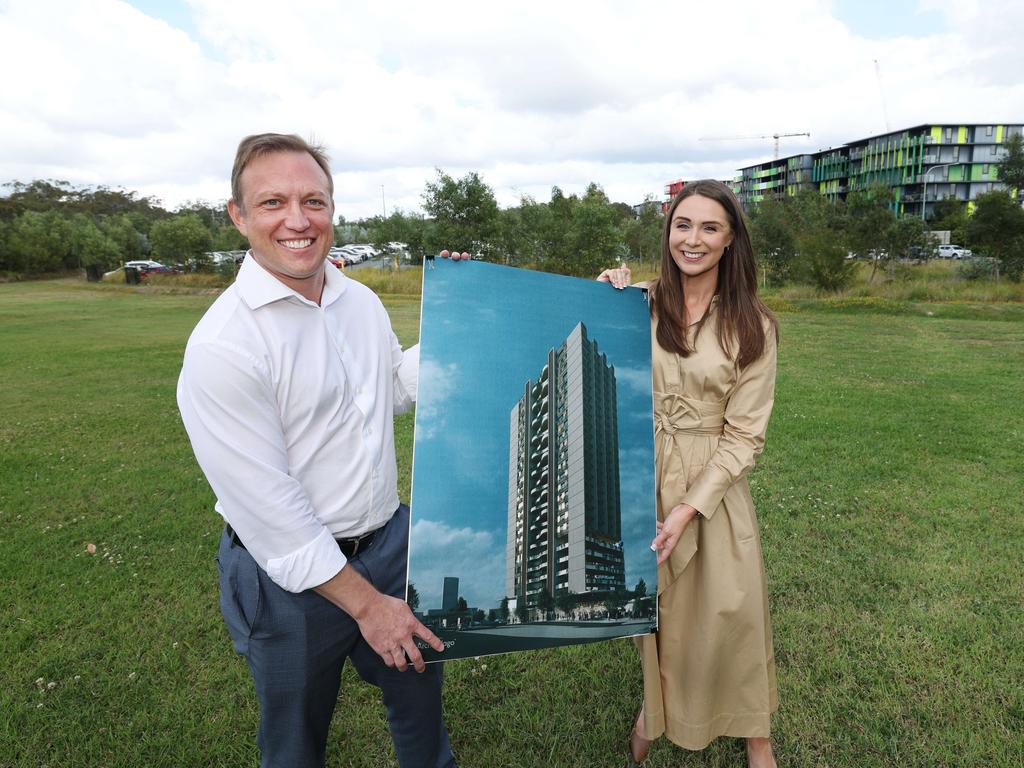 Steven Miles with Meaghan Scanlon at the “shovel-ready” 1.73ha site at Southport. Pic Annette Dew