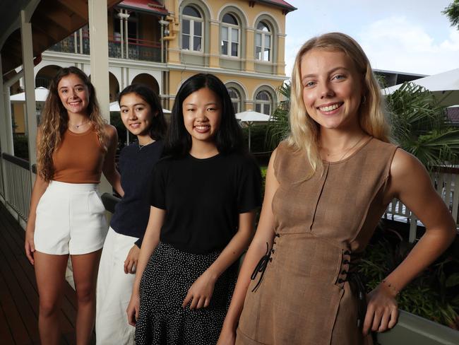 Brisbane Girls Grammar School students Matina Samios, 18, Sally Hallahan, 18, Mia Li, 17, and Matisse Black, 18, anticipating their ATAR, Spring Hill. Photographer: Liam Kidston