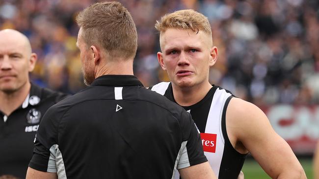 Adam Treloar and Nathan Buckley after the 2018 Grand Final. Picture. Phil Hillyard