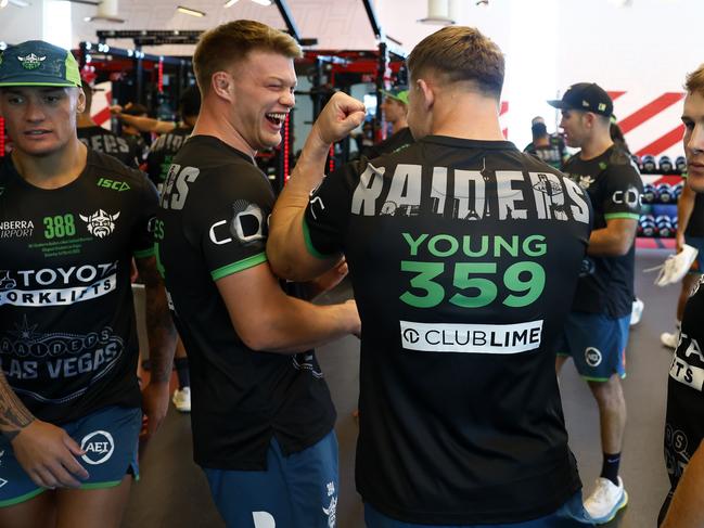 Hudson Young and Morgan Smithies pretending to fight during training at the UFC Performance Institute in Las Vegas. Picture: Jonathan Ng