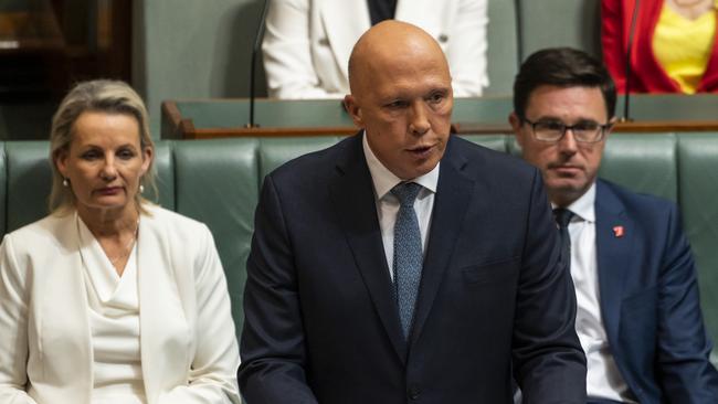 Opposition Leader Peter Dutton during his budget reply speech. Picture: Martin Ollman/Getty Images