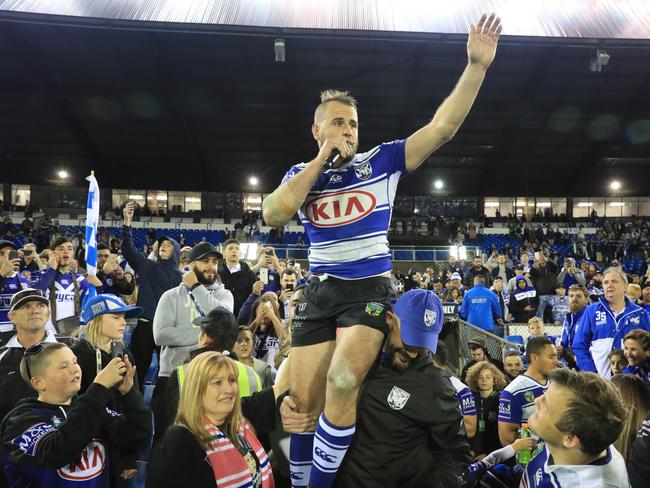 Josh Reynolds farewells the Belmore crowd after the Bulldogs’ thrilling win over the Knights. Picture: Mark Evans