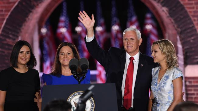 Karen and Mike Pence with daughters Audrey, left, and Charlotte Pence Bond at Fort McHenry in Baltimore, Maryland, on Thursday AEST. PICTURE: AFP