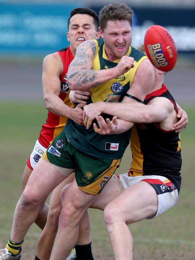 Jai Thompson playing for Leopold before he joined Harrow-Balmoral in the Horsham District league. Picture: Mark Wilson