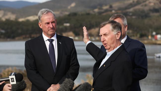 Senator Richard Colbeck (left) listening to Brighton Council Mayor Tony Foster speaking Picture: LUKE BOWDEN