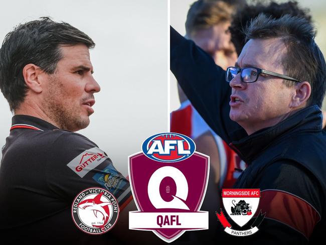 QAFL 2024 grand final coaches Phil Crase (Redland Victoria Point) and Paul Egan (Morningside). Pictures: Brooke Sleep Media and Highflyer Images.