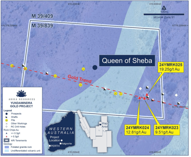 Zoom in on the new prospect showing recent rock chip sampling, assay results, and extent of the outcropping quartz reef. Pic: ARI