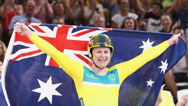 Stephanie Morton celebrates after winning gold in the women's sprint. Photo: Getty Images