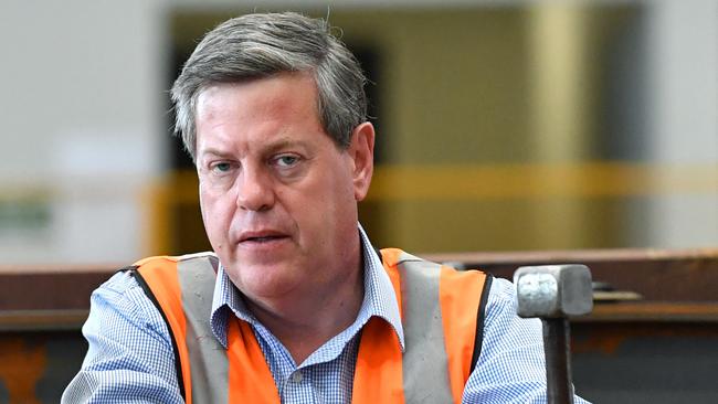 Queensland Opposition Leader Tim Nicholls is seen at Team Group Engineering in Mackay during the Queensland Election campaign. (AAP Image/Darren England)