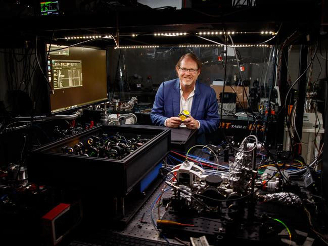 CryoClock co-founder & managing director Professor Andre Luiten with the technology behind high-performance time and frequency systems on July 27, 2020 at the Adelaide University.