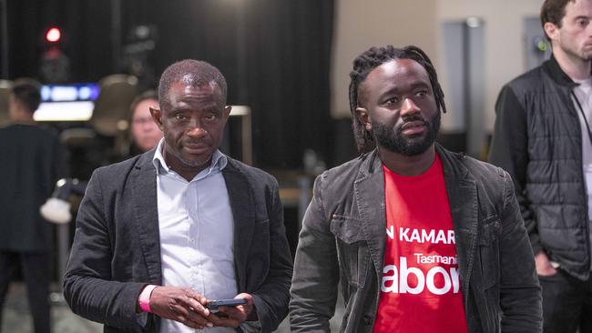 Tasmanian State Election 2024, Labor Clark candidate John Kamara (LHS) in the tally room, Hotel Grand Chancellor. Picture: Chris Kidd