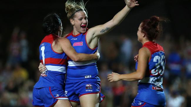 Deanna Berry celebrates a goal for the Bulldogs. Picture: AAP Images