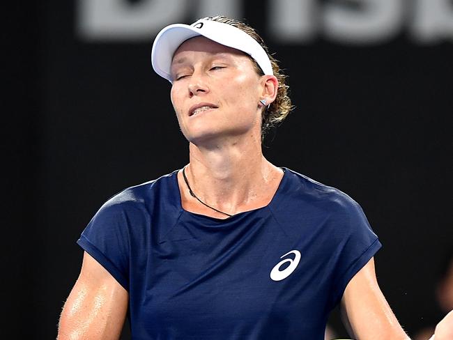 BRISBANE, AUSTRALIA - DECEMBER 31: Samantha Stosur of Australia looks dejected after losing a point in her match against Anastasija Sevastova of Latvia during day one at the 2018 Brisbane International at Pat Rafter Arena on December 31, 2017 in Brisbane, Australia.  (Photo by Bradley Kanaris/Getty Images)