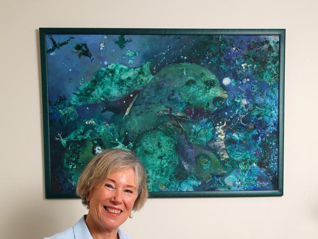 At Home with Author Kathy George. Seascape painting by Lesley George, my mother-in-law, Indooroopilly Monday 22nd March 2021 Picture David Clark