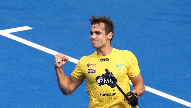 Tom Craig of the Kookaburras celebrates scoring a goal during the FIH Pro League match between the Kookaburras and Great Britain at Sydney Olympic Park Hockey Centre in Sydney, Sunday, February 2, 2020. (AAP Image/Brendon Thorne) NO ARCHIVING, EDITORIAL USE ONLY