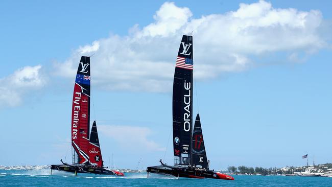 Emirates Team New Zealand competes against Oracle Team USA.