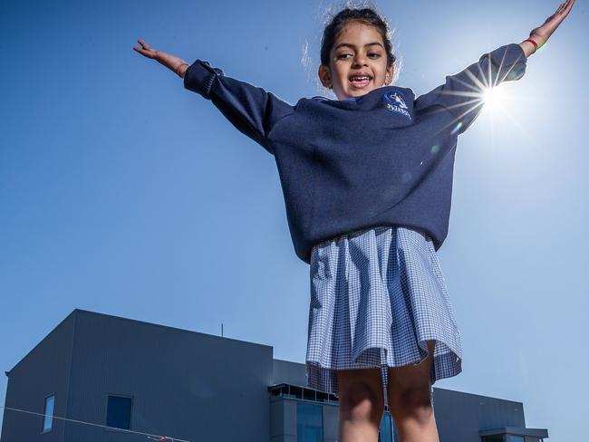 Seven new Catholic schools will open by 2026. Anika Bendale (Prep 2024) is very excited to be among the foundation members of the new school community - St Teresa of Kolkata Catholic Primary School in Tarneit. Picture: Jake Nowakowski