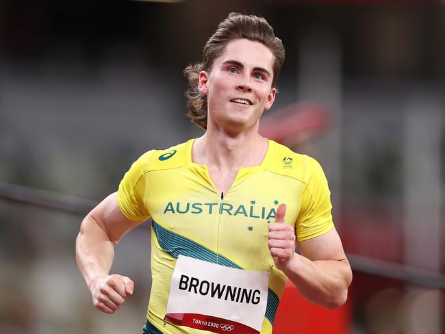 TOKYO, JAPAN - JULY 31: Rohan Browning of Team Australia reacts after competing in the Men's 100m Round 1 heats on day eight of the Tokyo 2020 Olympic Games at Olympic Stadium on July 31, 2021 in Tokyo, Japan. (Photo by Cameron Spencer/Getty Images)