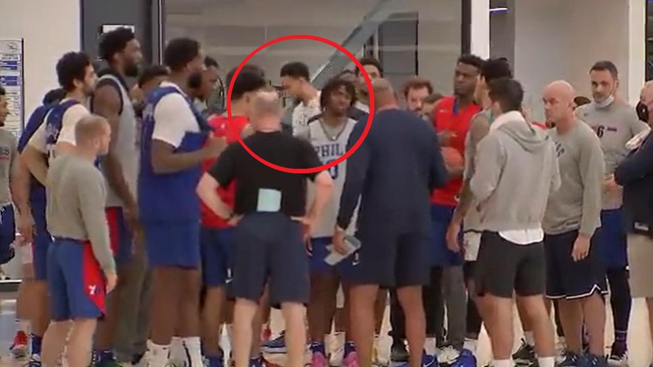 Ben Simmons was filmed not participating in a team huddle. Photo: Twitter, @JamieApody.